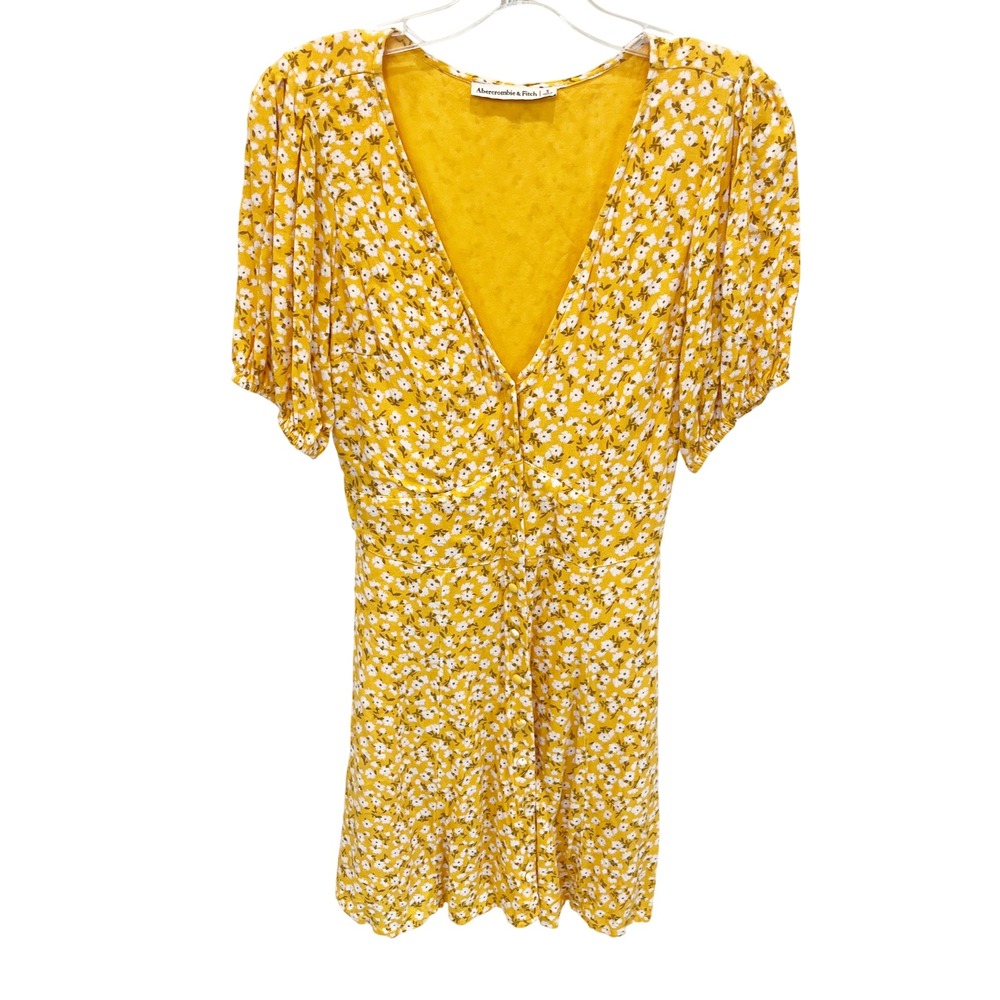 Abercrombie & Fitch Yellow Floral V-Neck Button Mini Dress Pockets Size S